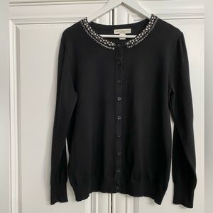 Melrose Chic NY Sz XL Black Button Down Cardigan Crew Neck Pearls Beads Neckline